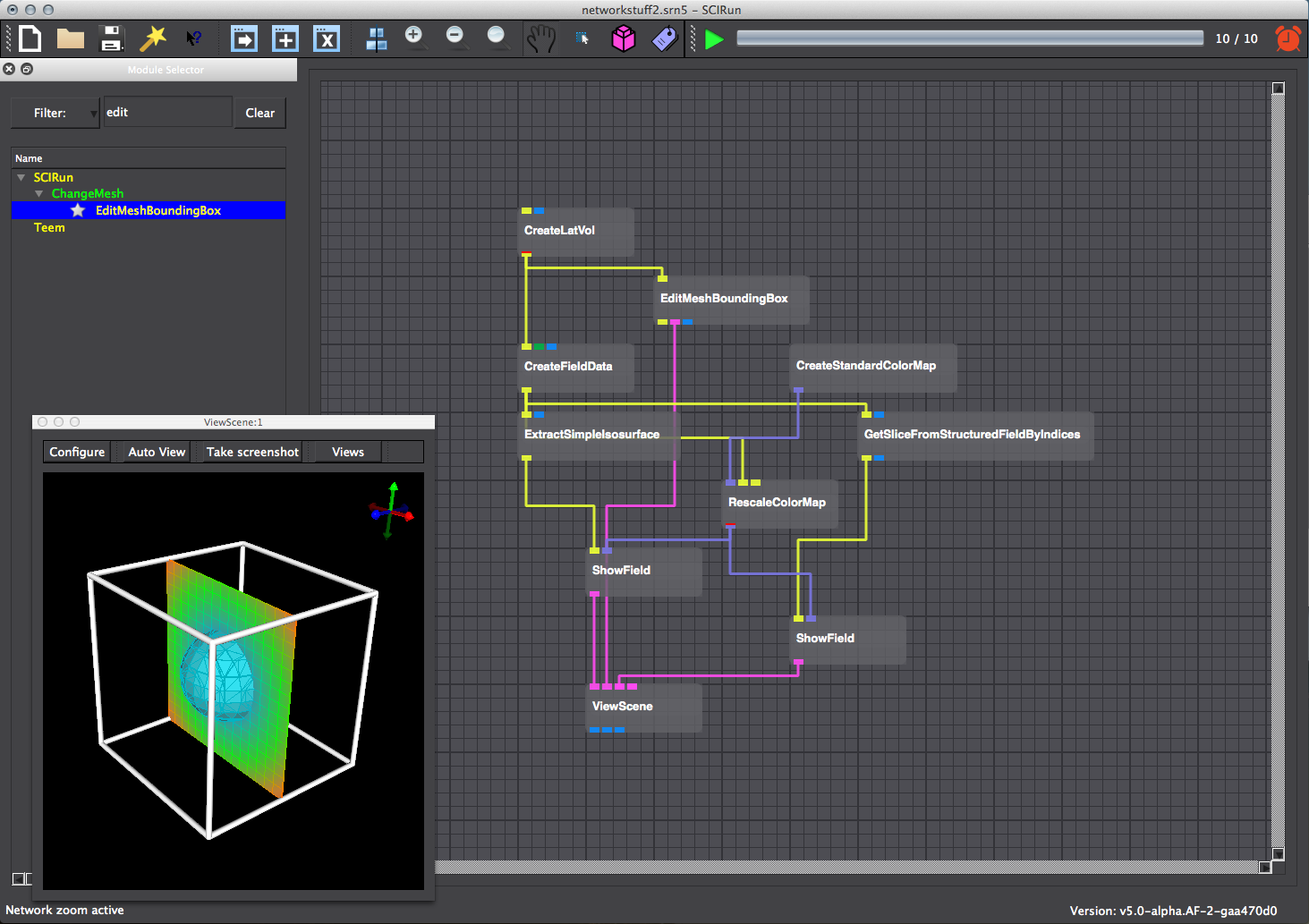 Attach the RescaleColorMap module to the ShowField module.