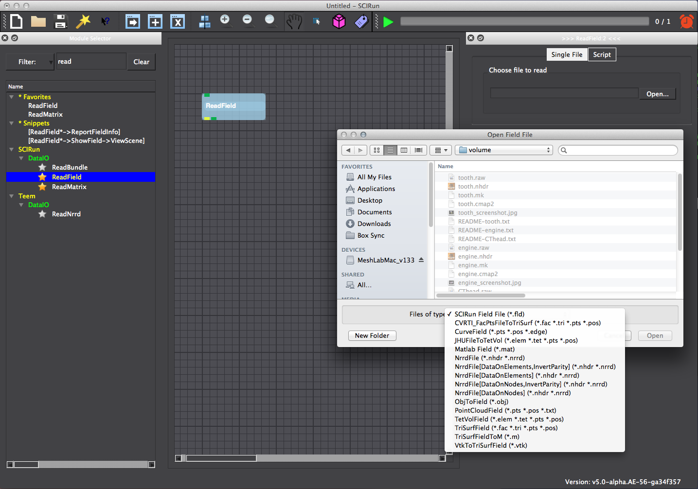 The ReadField selector window can be used to select and read many data files.