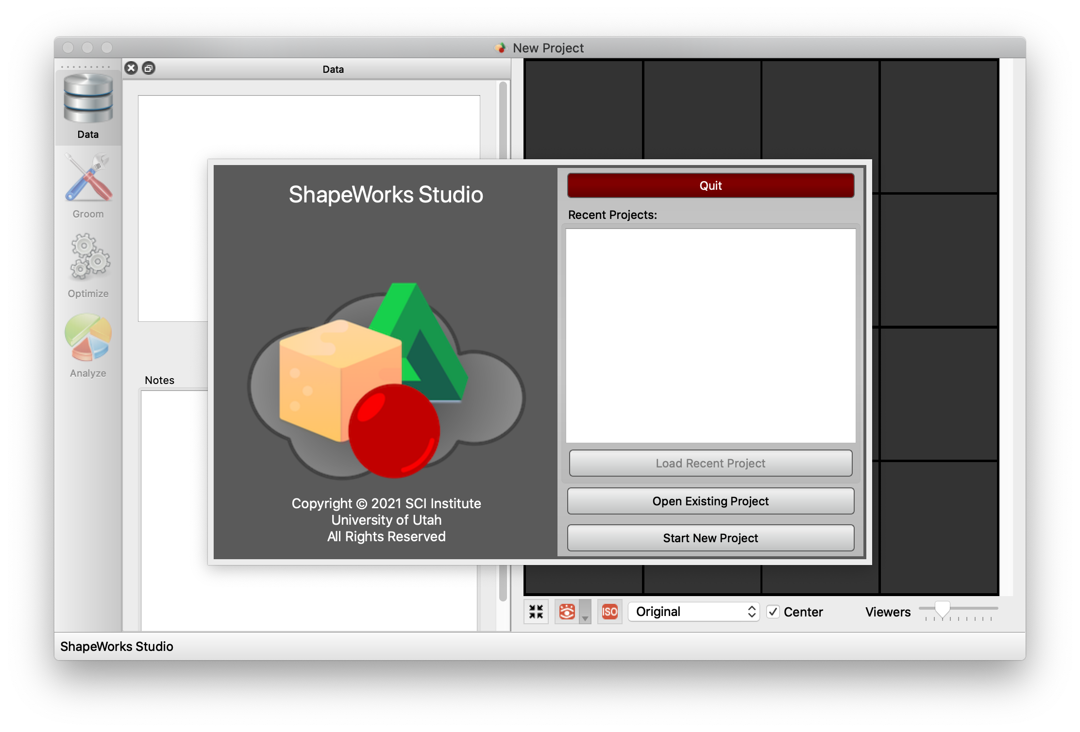 ShapeWorks Studio Interface with Splash Screen