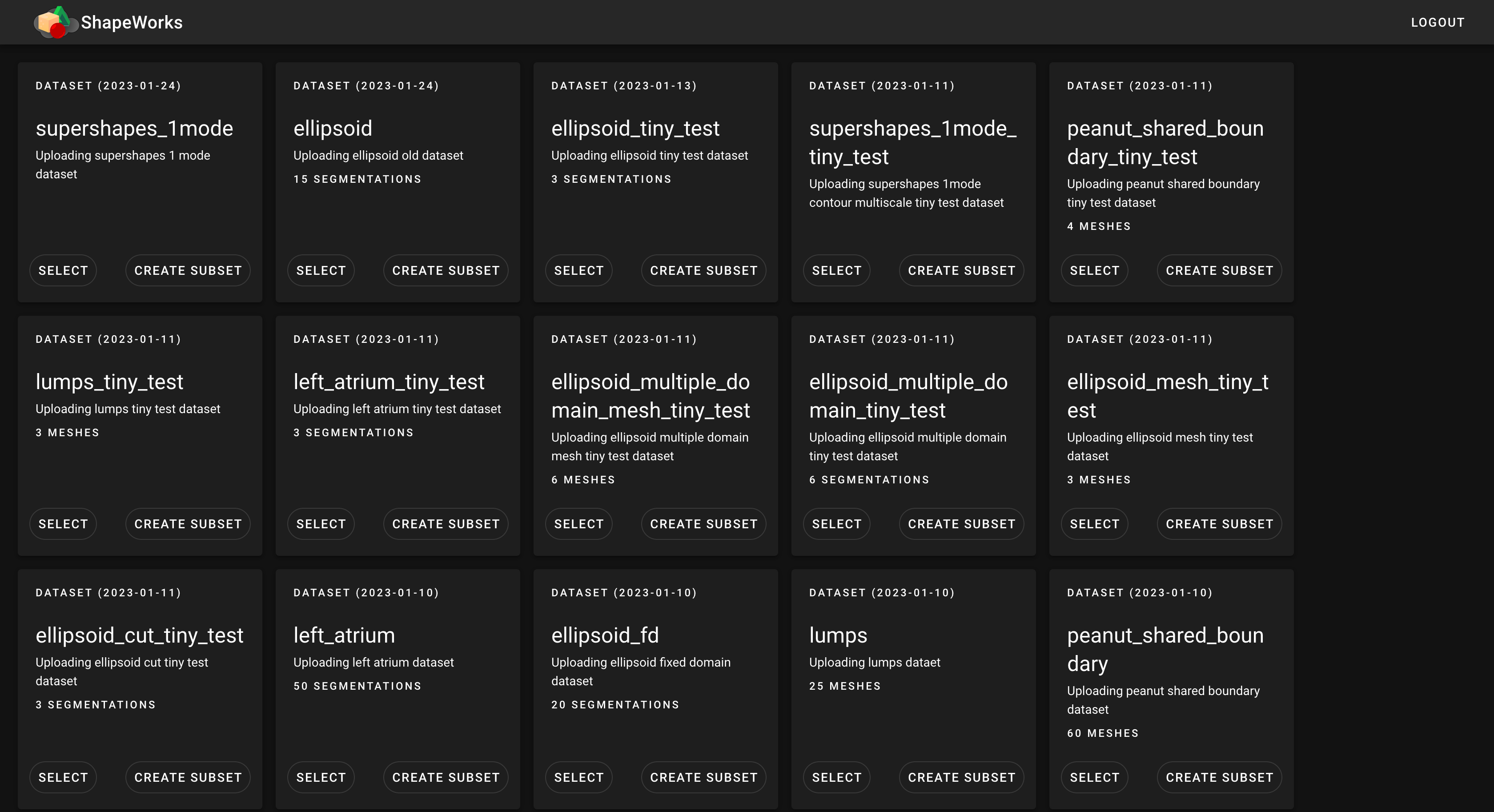 ShapeWorks Cloud Dataset List