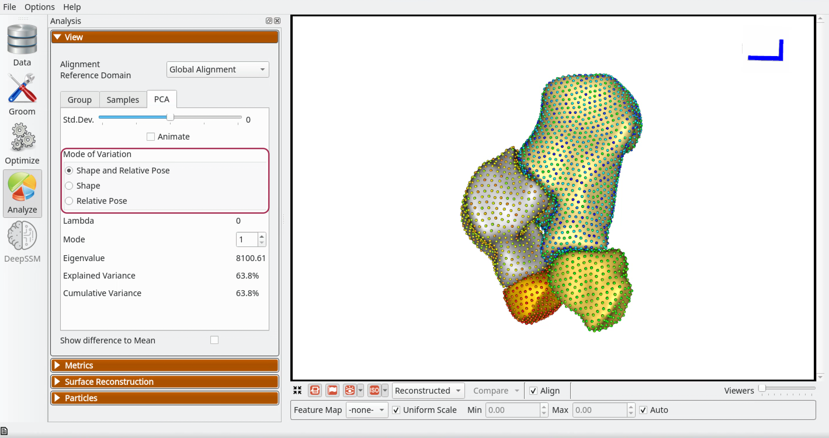 ShapeWorks Studio Analysis View Panel PCA Display for Multiple-Domain Shape Model