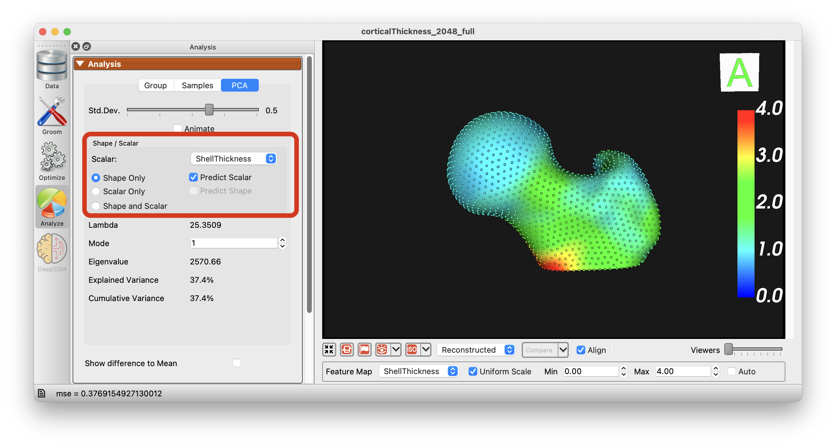 ShapeWorks Studio Shape/Scalar Correlation Panel - Predict