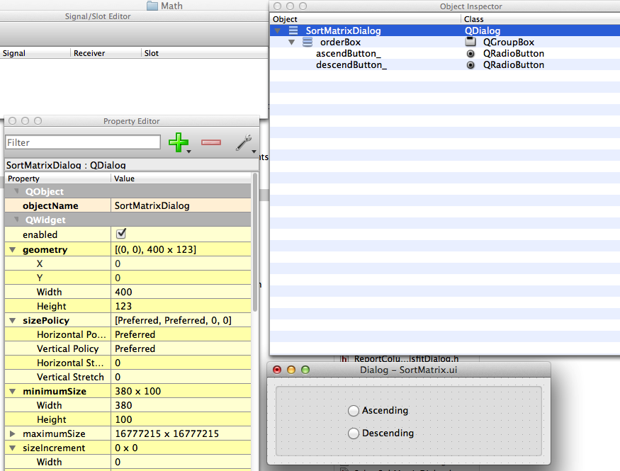 Module interface design file for the SortMatrix module as seen in the Qt editor