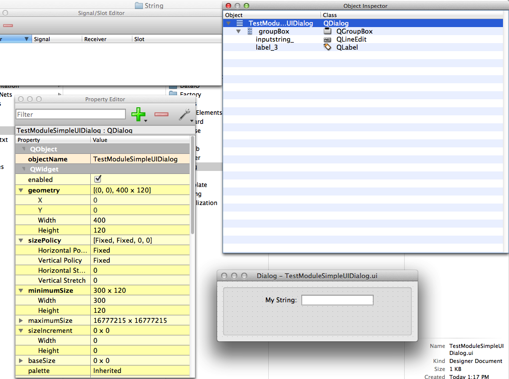 Module interface design file for the TestModuleSimpleUI module as seen in the Qt editor